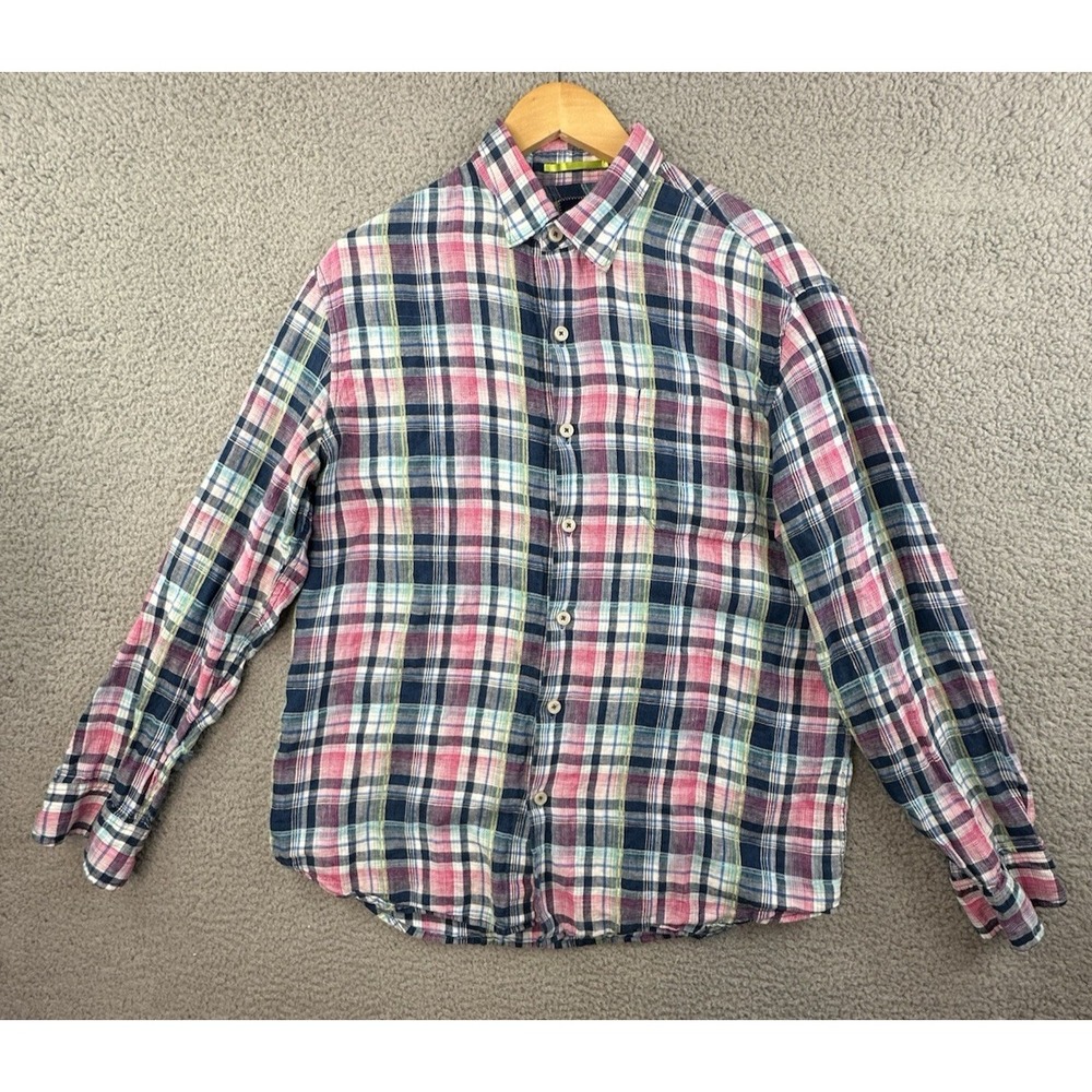 Tommy Bahama Shirt Mens Medium Pink Blue Plaid Long Sleeve Button-Up 100% Linen